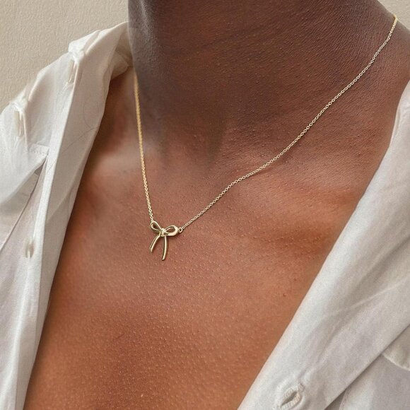 14K Dainty Gold Necklace Cute Small Tiny Bow Pendant Choker Chain Necklace - Picture 6 of 8